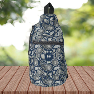 Paisley in marineblauw en elegante zilveren monogr sling bag