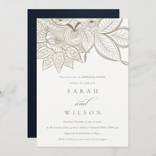  Paisley Ivory Gold Rehearsal Dinner Invite Bedankkaart (Voorkant / Achterkant)