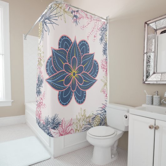 Paisley Kunst, Blauw en Paarse Grafisch Kunstwerk Douchegordijn (In situ)