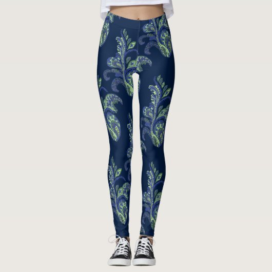 Paisley Lime Green en Blue Pattern Leggings (Voorkant)