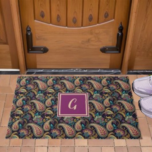 Paisley  Look Zwart Paarse Monogram Initiaal Deurmat