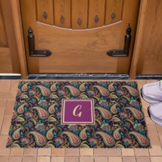 Paisley  Look Zwart Paarse Monogram Initiaal Deurmat (Creator heeft geüpload)