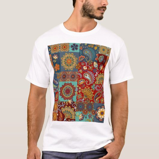 Paisley Mandala Kleurrijke Patchwork T-shirt (Voorkant)