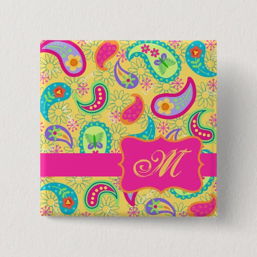 Paisley Monogram Geel Heet Roze Modern Vierkante Button 5,1 Cm (Voorkant)