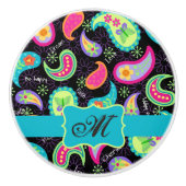 Paisley Monogram Modern Whimsy Zwart Turquoise Keramische Knop (Voorkant)