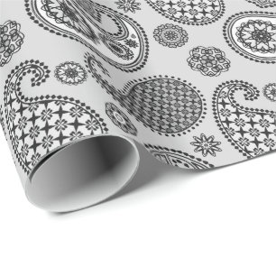 Paisley motief, tinten grijs, zwart en wit cadeaupapier