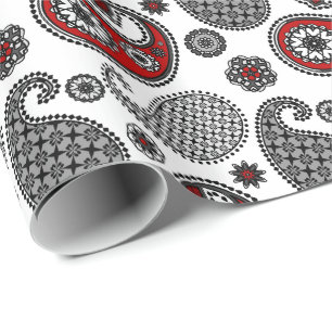 Paisley motief, Zwart, Wit en Rood Cadeaupapier