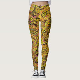 Paisley Motif in Yellow, Brown on Black Background Leggings