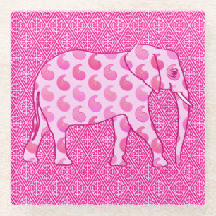 Paisley-olifant - ijsroze en fuchsia glazen onderzetter