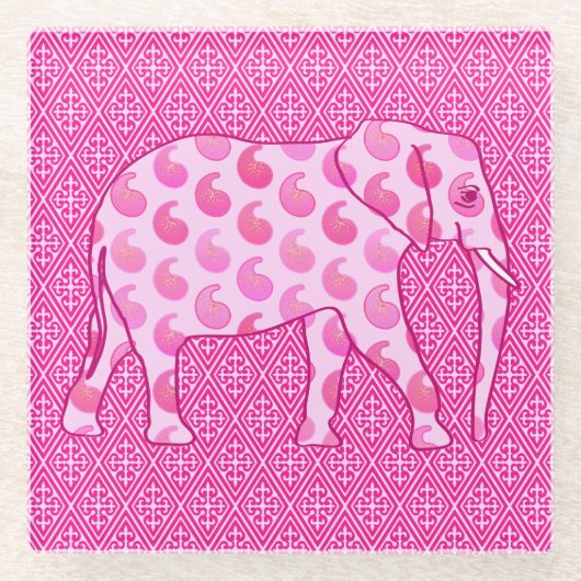 Paisley-olifant - ijsroze en fuchsia glazen onderzetter (Voorkant)