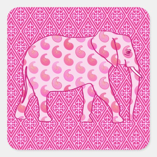 Paisley-olifant - ijsroze en fuchsia vierkante sticker (Voorkant)