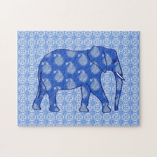 Paisley-olifant, kobalt blauw en wit legpuzzel (Horizontaal)