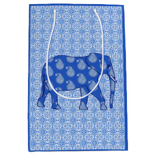 Paisley olifant - kobaltblauw en wit medium cadeauzakje