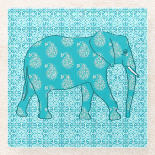 Paisley-olifant - turquoise en aqua glazen onderzetter