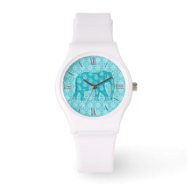 Paisley-olifant - turquoise en aqua horloge (Voorkant)