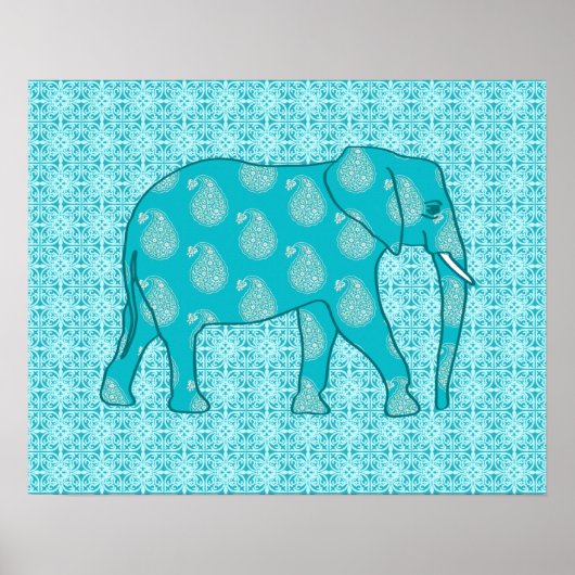 Paisley-olifant - turquoise en aqua poster (Voorkant)