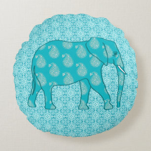 Paisley-olifant - turquoise en aqua rond kussen