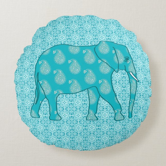 Paisley-olifant - turquoise en aqua rond kussen (Voorkant)