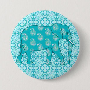 Paisley-olifant - turquoise en aqua ronde button 7,6 cm
