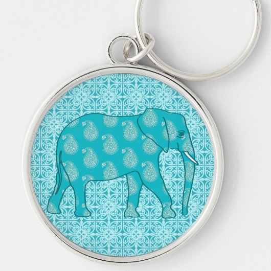 Paisley-olifant - turquoise en aqua sleutelhanger (Voorkant)