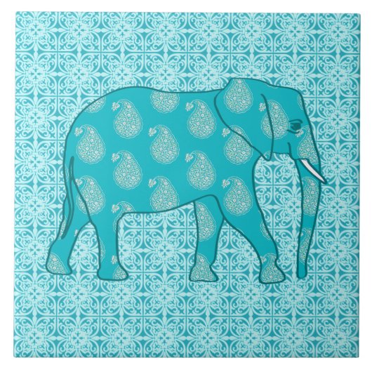 Paisley-olifant - turquoise en aqua tegeltje (Voorkant)