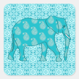 Paisley-olifant - turquoise en aqua vierkante sticker