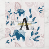 Paisley Olifanten Pastel Blauw Roze Monogram Custo Wijn Etiket (Enkel label)