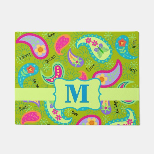 Paisley Olive Groen Monogram Moderne Whimsy Deurmat (Voorkant)