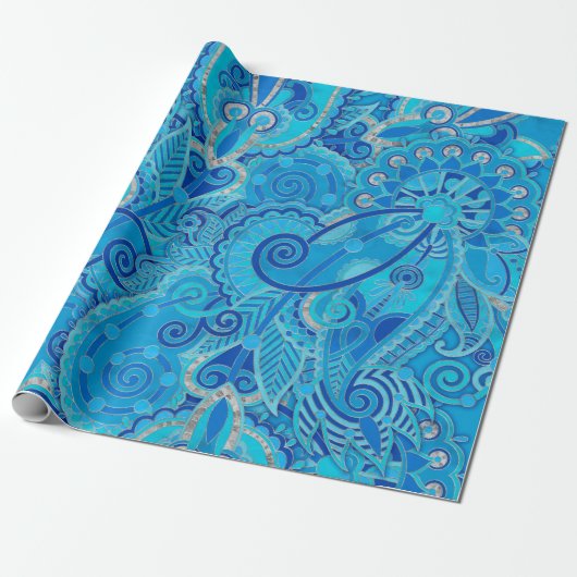 Paisley Ornament - Sky Blue en Silver Cadeaupapier (Uitgerold)