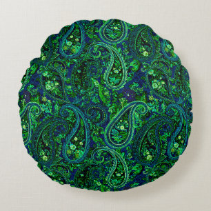 Paisley Overvloed Kleurrijke Bloemen Blauw Groen Rond Kussen