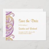 Paisley Paars & Goud Indische Trouw Save The Date (Voorkant / Achterkant)