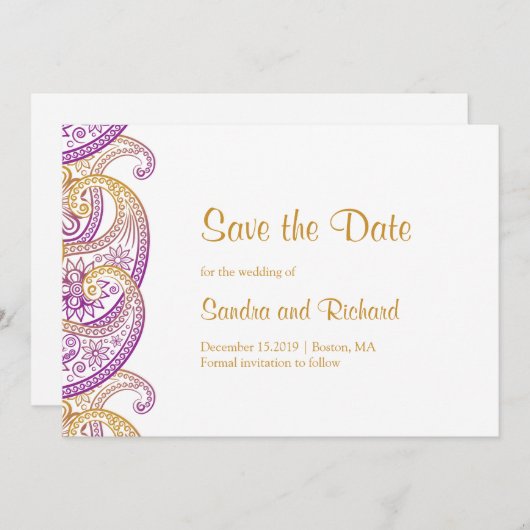 Paisley Paars & Goud Indische Trouw Save The Date (Voorkant / Achterkant)