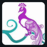 Paisley Paars Peacock Wedding Envelope Seal Vierkante Sticker<br><div class="desc">Een mooie paarse paisleypauw zit decoratief op een zware blauwgroen tak.</div>