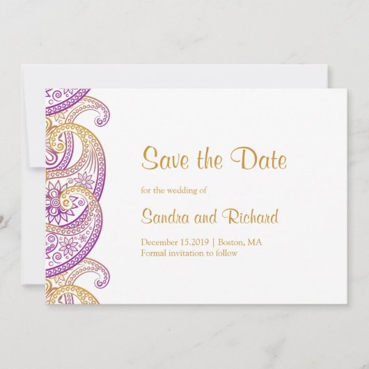 Paisley Paarse & Gouden Indiase bruiloft Save The Date (Voorkant)