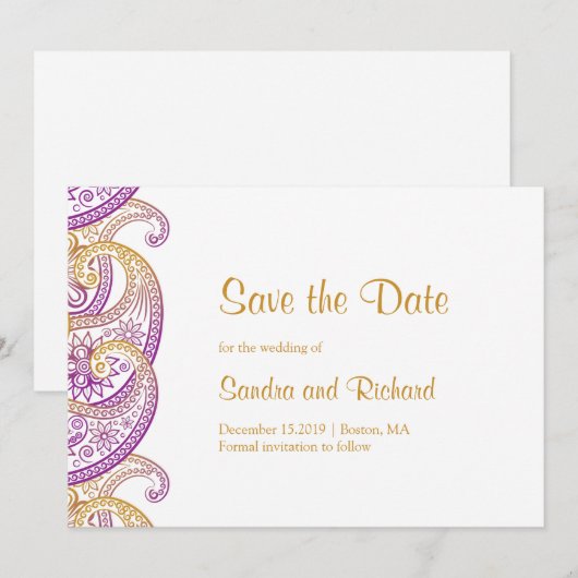 Paisley Paarse & Gouden Indiase bruiloft Save The Date (Voorkant / Achterkant)