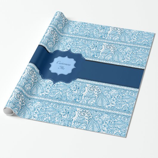 Paisley Passion - (blauw) (henna) (monogram) Cadeaupapier (Uitgerold)