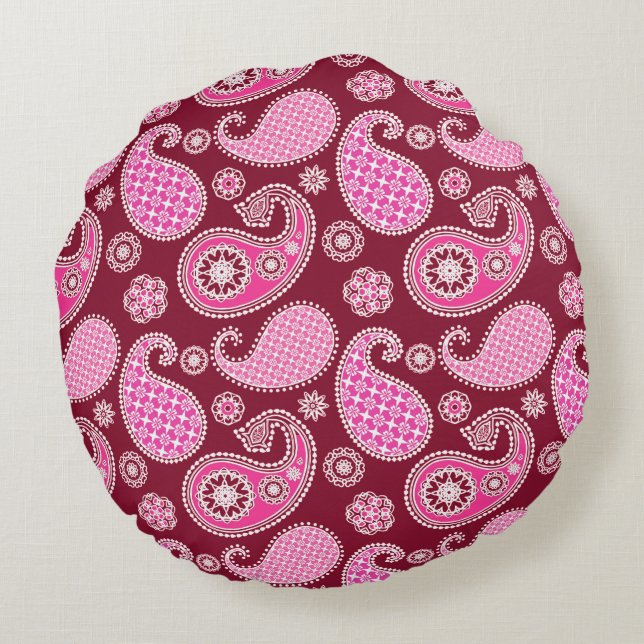 Paisley-patroon, Bourgogne, roze en wit Rond Kussen (Achterkant)