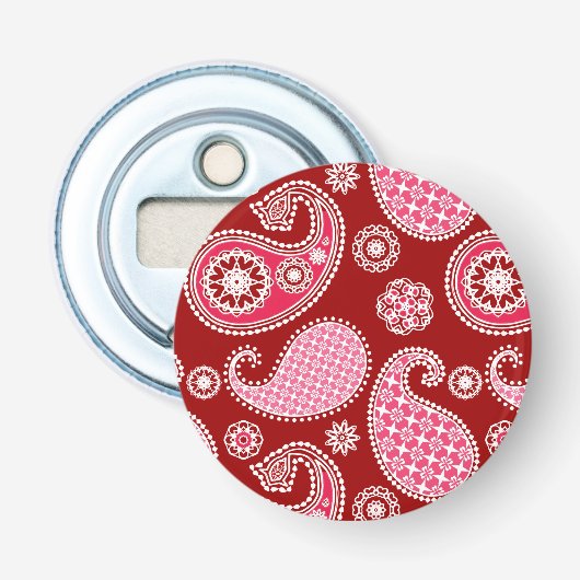 Paisley-patroon, donkerrood, roze en wit button flesopener (Voorkant)