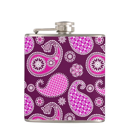 Paisley patroon, fuchsia roze, paars en wit heupfles (Voorkant)