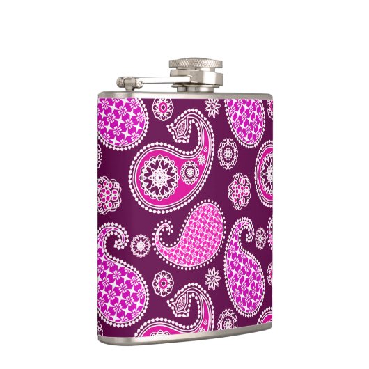 Paisley patroon, fuchsia roze, paars en wit heupfles (Rechts)