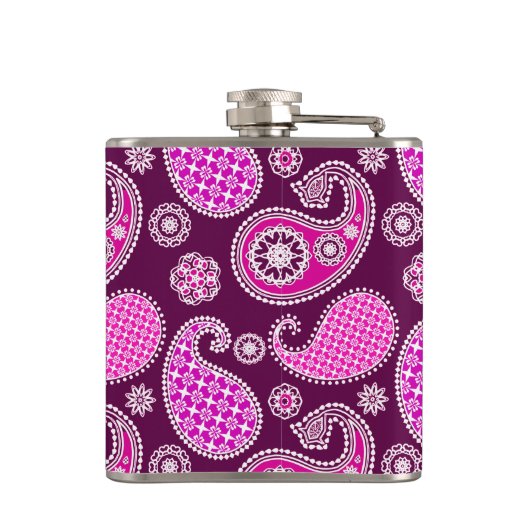 Paisley patroon, fuchsia roze, paars en wit heupfles (Achterkant)