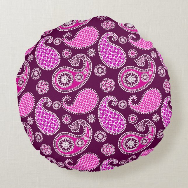 Paisley patroon, fuchsia roze, paars en wit rond kussen (Achterkant)