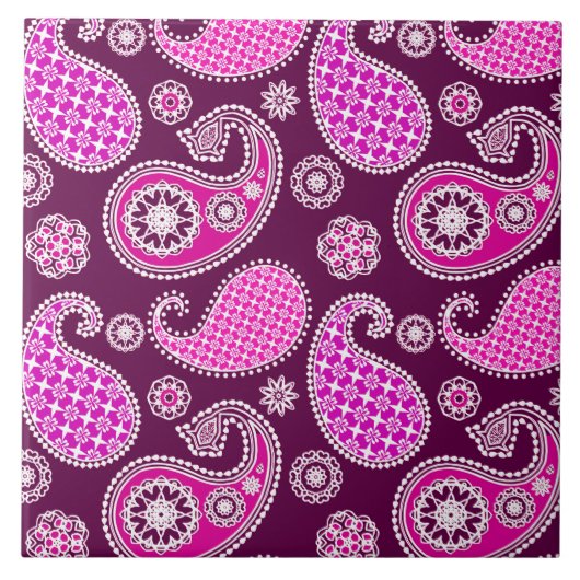 Paisley patroon, fuchsia roze, paars en wit tegeltje (Voorkant)