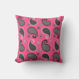Paisley patroon, fuchsia roze, zwart en wit kussen