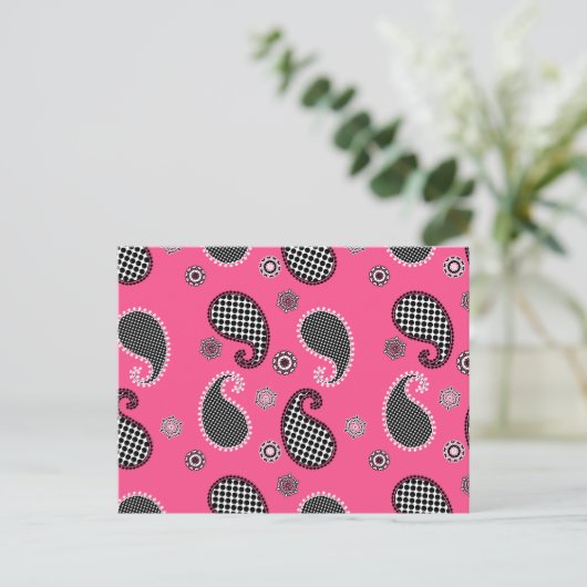 Paisley patroon, fuchsia roze, zwart-wit briefkaart (Staand voorkant)