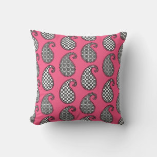 Paisley patroon, fuchsia roze, zwart-wit buitenkussen