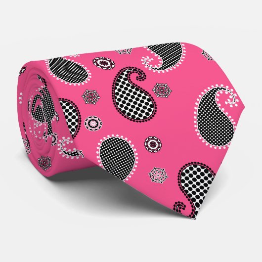 Paisley patroon, fuchsia roze, zwart-wit stropdas (Opgerold)