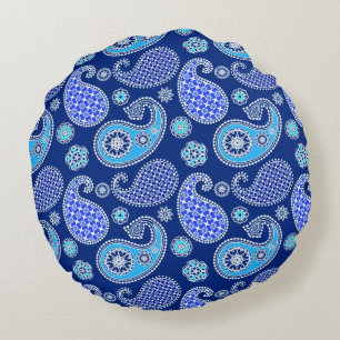 Paisley patroon, kobaltblauw en wit rond kussen