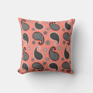 Paisley patroon, koraalroze, zwart en wit kussen