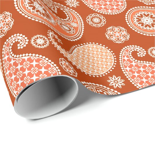 Paisley-patroon, Mandarijns-Oranje en wit Cadeaupapier (Rol Hoek)
